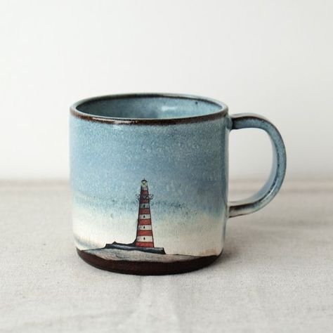 Image of Blue Lighthouse Mug Blue Lighthouse, Ceramics Painting, Pottery Crafts, Pottery Ideas, Pottery Painting, Tea Mugs, Ceramic Art, Handmade Ceramics, Apartment Decor