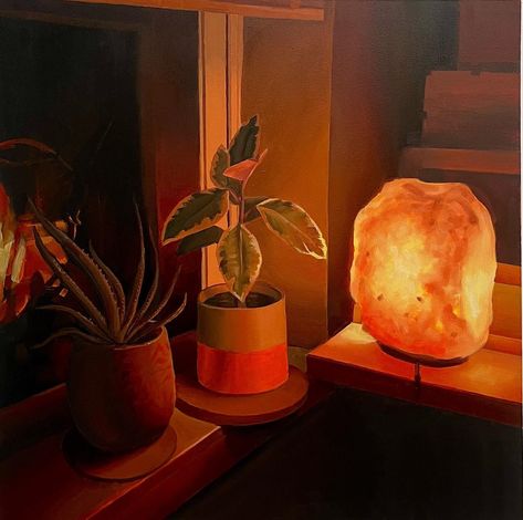 Print of an original oil painting of a bedroom scene at night. Cozy Bedroom Lamps, Warm Lamp Bedroom, Warm Lamp Lighting, Warm Glow Aesthetic, Salt Lamps Aesthetic, Cozy Lighting Bedroom, Painting Of A Bedroom, Warm Lighting Aesthetic, Lamp On Bookshelf