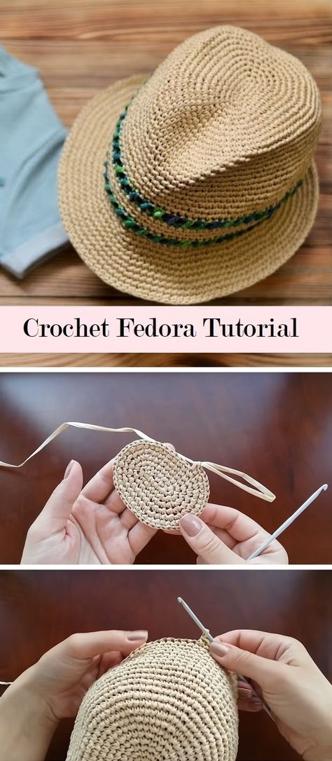 Fedora Hat Crochet Tutorial – Tutorials & More Crochet Fedora Hat, Hat Crochet Tutorial, Crochet Fedora, Crochet Summer Hats, Easy Crochet Hat, Crochet Sun Hat, Hat Tutorial, Crochet Hat Free, Booties Crochet