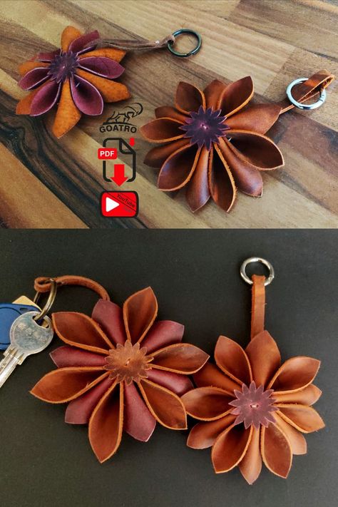 Leather Craft For Beginners, Flower Leather Pattern, Leather Craft Projects Ideas, Leather Flower Pattern, Leather Key Holder Diy, Leather Products Ideas, Diy Leather Ornaments, Leather Craft Ideas, Diy Leather Flowers