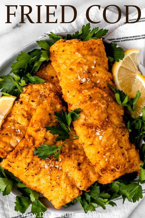 Fried Cod is a delicious, family-friendly recipe that is perfect for a quick and easy dinner any night of the week. Cod fillets are coated in a seasoned flour mixture, then quickly fried in a deep fryer. | #cod #codfish #codrecipe #friedcod #friedfish Frying Cod Fish, Deep Fried Cod Fish Recipes, Seasoning For Cod Fillets, Fry Fish Recipes Deep Frying, Fish Recipes Gluten Free, Pan Fried Cod Fish Recipes, Frying Fish With Flour, Deep Fried Cod, Fried Haddock Recipes