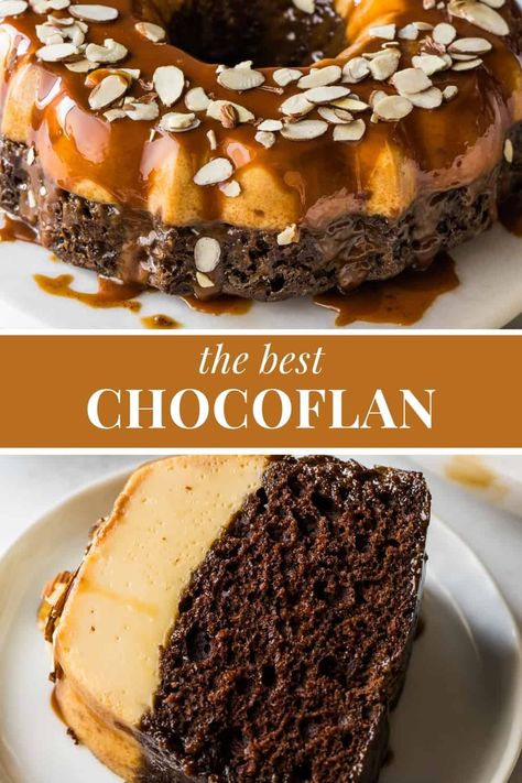 Learn to make chocoflan at home! This delicious Mexican dessert features a layer of creamy flan on top of rich chocolate cake. It's perfect for special occasions or family gatherings and is surprisingly easy to make! Top it with a rich and delicious cajeta caramel sauce for the ultimate sweet treat. Chocoflan Cake Recipe, Chocoflan Cake, Flavored Cakes, Vanilla Flan, Vegetarian Chocolate Cake, Chocoflan Recipe, Recipe Menu, Chocolate Flan, Awesome Desserts