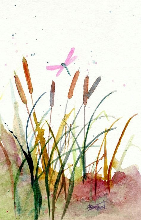 Imagen Reed Tattoo, Watercolor Pictures, Dragonfly Art, 수채화 그림, Watercolor Inspiration, Watercolor Techniques, Watercolor Cards, Grasses, Dragonflies