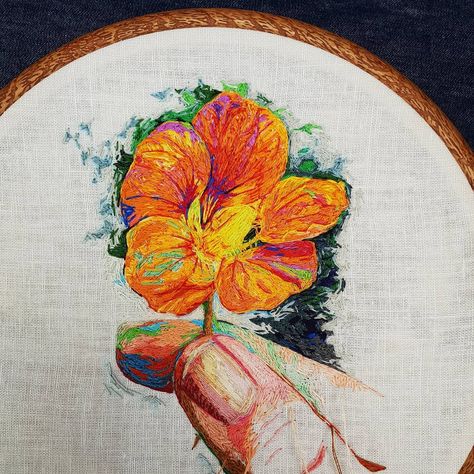 Aimee on Instagram: “Almost finished 🍃 #embroideryart #contemporaryembroidery #nasturtium #nature #threadart #needlework #embroidered #floralart #flower #colour…” E Textiles, Moon Bear, Flower Colour, Contemporary Embroidery, Thread Art, Thread Painting, French Knot, Modern Embroidery, Hand Art