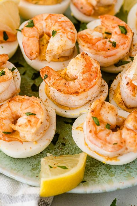 Cajun Shrimp Deviled Eggs - Happy Homeschool Nest Rumchata Pudding Shots, Nougat Bars, Shrimp Deviled Eggs, Cucumber Appetizers, Cajun Shrimp Recipes, Pudding Flavors, Pudding Shots, Chop Recipes, How To Make Cheesecake