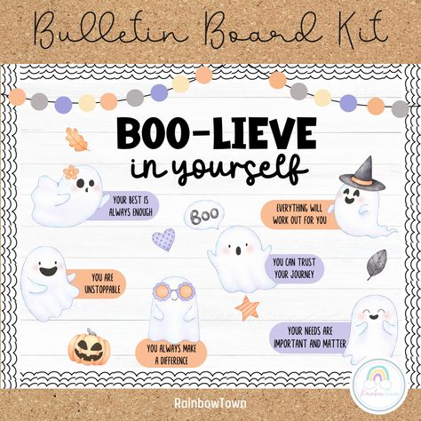 Halloween Bulletin Board I Nurse Bulletin Board Kit What's included Board Bunting Board Border Board Elements Pre-Made Words Editable Cute Ghost 3 Optional Sayings Instructions for use : Format file: Printable PDF Editable PPT files can be used on PowerPoint or Google Slides Easy print on 8.5" x 11" (US Letter) or A4 Colors may vary depending on the devices and printers Pink Halloween Bulletin Board, Interactive Halloween Bulletin Boards, Halloween Mental Health Bulletin Board, Halloween Boards Bulletin, Halloween Word Board, Halloween Affirmations, Huddle Board, Halloween Door Decorations Classroom, Nurse Bulletin Board