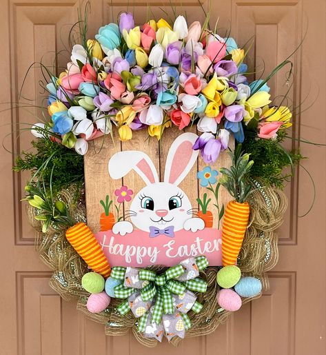 Oval mesh Easter wreath using Unique in The Creek board Unique In The Creek, Easter Mesh Wreaths, Wreath Storage, Happy Easter Sign, Easter Stuff, Easter Sign, Michaels Craft, Tulip Wreath, Easter Bunny Wreath