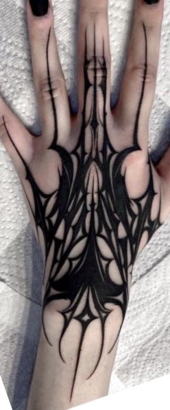 Goth Leg Tattoos Women, Bleach Hand Tattoo, Tattoo Ideas Gothic Design, Goth Style Tattoo, Emo Hand Tattoos, Gothic Forearm Tattoo, Cybersigilism Hand Tattoo, Abstract Hand Tattoo, Gothic Henna