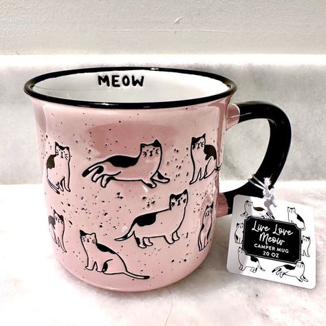 Nwt Rare & Unique Camper Mug Live Love Meow Cat Ceramic Coffee Mug Pink Black 20oz This Rare Find Features An All-Over Cat Pattern With Etched Dotted Details On A Baked Ceramic Surface. The Combination Of Pink And Black Colors, Along With The Black C-Shaped Handle, Adds A Touch Of Whimsy To Your Morning Coffee Routine. Great For Soup Too. Microwave And Dishwasher Safe. With A Large 20 Oz Capacity, This High-Quality Mug Is A Perfect Gift For All Cat Lovers Out There. Live Love Meow With Every Sip Nicholas Mosse Pottery, Hadley Pottery, Cat Ceramic, Camper Mug, Red Mug, Mug Warmer, Glass Coffee Mugs, Coffee Routine, Cat Coffee