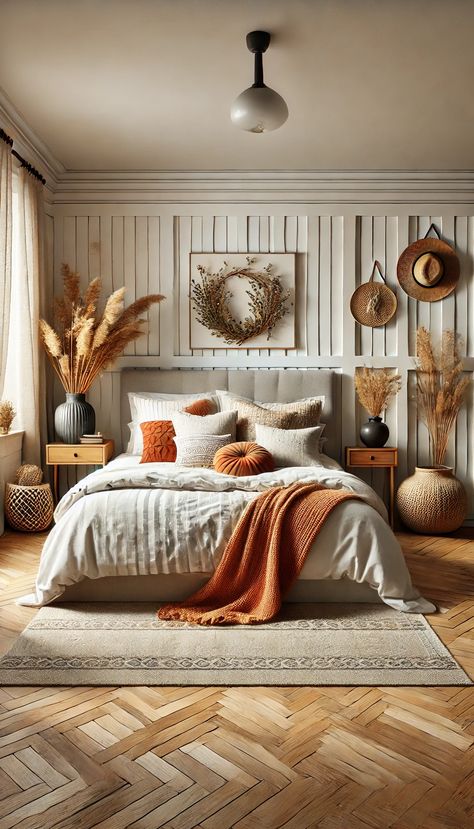 Transform your home bedroom with a cozy autumn theme. Neutral tones, warm textures, and natural elements create a serene and inviting space. Perfect for a refreshing new look. #HomeBedroomRefresh #AutumnDecor #CozyVibes Rust Bedroom Ideas, Cozy Autumn Bedroom, Autumn Bedroom, Halloween Room, Halloween Bedroom, Loft Bedroom, Bedroom Orange, Bedroom Cottage, Brown Bedroom