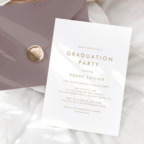 Chic Gold Typography Graduation Party Invitation Boho Grad Party, High School Grad Party, Minimalist Graduation Party, Modern High School, Rustic Graduation Party, Graduation Invitations High School, Summer Invitation, Graduation Templates, Graduation 2024