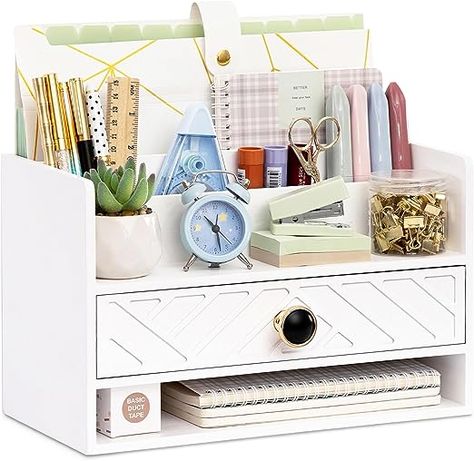 white Wood Desk Organizer and Accessories with Drawer, Bill Mail Organizer and File Mail Holder for Office Supplies, Desk Accessories & Workspace Organizers with 7 Compartments for Desk Organization Organizers For Desk, White Wood Desk, Cute Desk Organization, Office Desk Organization, Wood Desk Organizer, Organizing For A Move, Cute Desk Accessories, Office Supplies Desk Accessories, White Desk Office