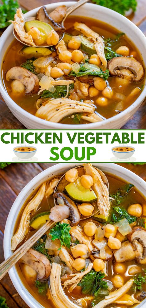 Chicken Vegetable Soup with Garbanzo Beans - Healthy yet hearty and ready in 30 minutes, this EASY chicken soup is perfect for chilly weather! Complete with juicy shredded chicken, mushrooms, tender garbanzo beans, zucchini and kale for a green pop in this noodle-free family favorite! Chicken And Chickpea Soup, Homemade Chicken Vegetable Soup, Soup With Vegetables, Chicken Vegetable Soup Recipes, Chicken Vegetable Soup, Bean And Vegetable Soup, Easy Chicken Soup, Chicken Chickpea, Chicken Mushrooms