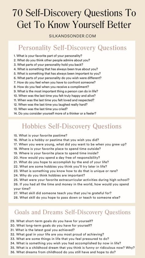 How well do you know yourself? These self-discovery questions are designed to help you wherever you’re at on your self-exploration journey. And we’ve divided them into categories based on different aspects of identity. Mental Check In Questions, Get To Know Yourself Journal, How To Get In Touch With Yourself, How To Live In The Present, How Well Do You Know Me, Therapy Prompts, Discovery Quotes, Psych 101, Work Calendar