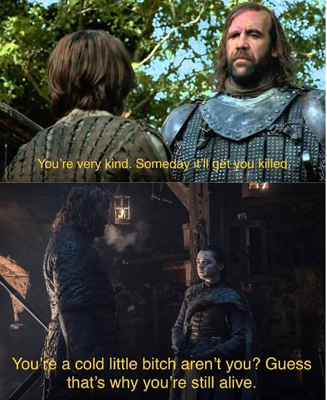 Image may contain: 2 people, text that says 'You're very kind. Someday it'll get you killed You're a cold little bitch aren't you? Guess that's why you're still alive.' The Hound And Arya, The Hound Game Of Thrones, Hound Game Of Thrones, Sandor Clegane, Game Of Thrones Meme, Rory Mccann, Game Of Thrones Facts, Got Characters, Got Game Of Thrones