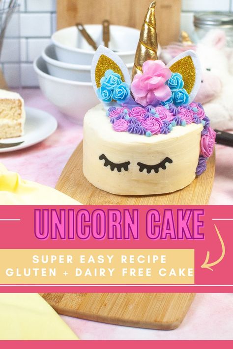 Make your own unicorn cake for your next unicorn themed birthday party. If you're planning a unicorn party and need a unicorn cake idea, check this out. Plus it's dyed with natural dye- no artificial color dyes and it's a gluten free and dairy free birthday cake. Additionally, you can make this unicorn cake with traditional gluten containing ingredients and dairy containing ingredients too! Dairy Free Birthday Cake, Dairy Free Cake Recipe, Blue Frosting, Frosting Colors, Dairy Free Cake, Unicorn Themed Birthday Party, Pink Frosting, Beetroot Powder, Dairy Free Milk