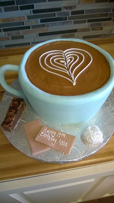 Coffee Birthday Cake Ideas, Coffee Shaped Cake, Coffee Theme Birthday Cake, Birthday Cakes Coffee Theme, Coffee Mug Cake Design, Coffee Cup Birthday Cake, Coffee Decorated Cake, Fondant Coffee Cup, Cup Of Coffee Cake Design