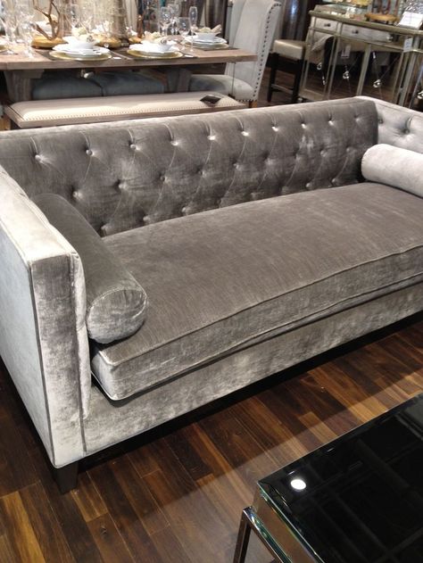 Velvet Grey Sofa  ~❤️A❤️~ Gray Velvet Couch, Velvet Sofa Living Room, Tufted Couch, Velvet Tufted Sofa, Grey Velvet Sofa, Velvet Furniture, Sofa Inspiration, Couch Decor, Living Room Sofa Design