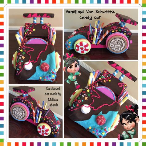 Vanellope Von Scweetz candy car made with cardboard and felt for my daughter's Kindy 500 car parade. Kindy 500 Ideas, Kindy 500 Cars, Kindy 500 Cars Cardboard Boxes, Cardboard Boxes Ideas, Transportation Parade, Kindy 500, Disney Party Ideas, Girls Valentines Boxes, Cardboard Box Car