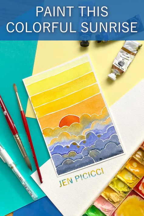 Paint this watercolor sunrise with easy step by step instructions. How To Paint Sunrise Easy, Watercolor Step By Step Tutorials Easy, How To Paint A Sunrise Step By Step, Painted Sunrise Easy, Resist Watercolor Painting, Watercolor Art Sunrise, Sun Watercolor, Sunshine Watercolor, Watercolor Sunrise Easy