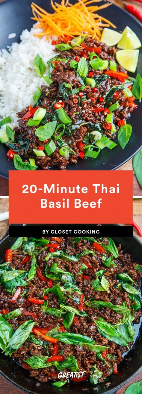 Anything that takes 20 minutes is right up our alley. This 20-Minute Thai Basil Beef recipe kicks things off by cooking ground beef with shallots, one of our favorite secrets for meat that has just a touch of extra flavor. Just the right amount of sweet and tangy, this beef dish makes a great last-minute dinner and can be modified any way you need. Are you a veggie? Sub tamari for the fish sauce. Don't love beef? Use chicken or pork. Thai Basil Beef Recipe, Basil Beef, Thai Basil Beef, Red Curry Recipe, Cooking With Ground Beef, Tasty Thai, Better Than Takeout, Takeout Food, Thai Cooking