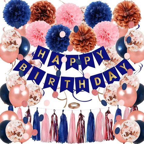 PRICES MAY VARY. 💗 【PACKAGE INCLUDES】- Package includes DIY "HAPPY BIRTHDAY" banner (1set),Tissue Paper Pompoms (8inch)– Pack of 6,Rose Gold Paper Circle Dot Garland(6.5ft)(1set),Rose Gold Hanging Swirls – Pack of 3,navy blue Hanging Swirls – Pack of 3,paper tassels party garland – Pack of 15,rose gold latex balloons(12inch)– Pack of 10,navy blue latex balloons(12inch)– Pack of 5,rose gold confetti balloons(12inch) – Pack of 5,1 x straw,1 x ribbons,everything you need in one kit. 💗 【Safety In Blue Birthday Party Decorations, Rose Gold Birthday Party, Dot Garland, Happy Birthday Banner Diy, Blue Birthday Party, Tissue Garland, Paper Tassels, Rose Gold Birthday, Rose Gold Party Decor