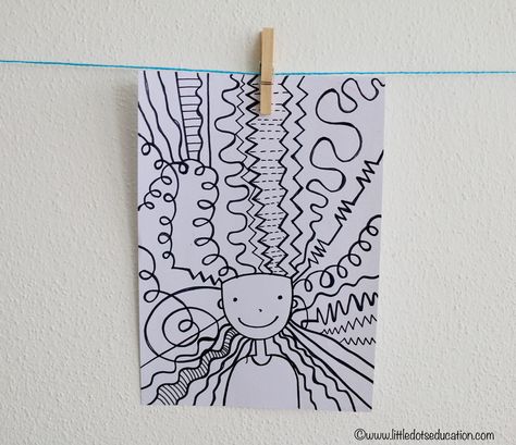 Creating Art with Lines - Crazy Hair Day Portrait Preschool Art Activi Crazy Hair Portrait, Crazy Hair Day Art Lesson, Crazy Hair Line Art, Kindergarten Art Line Lessons, Line Art Activity, Line Art Element, Line Art Grade 2, Line Art Grade 1, Line Lessons Elementary Art