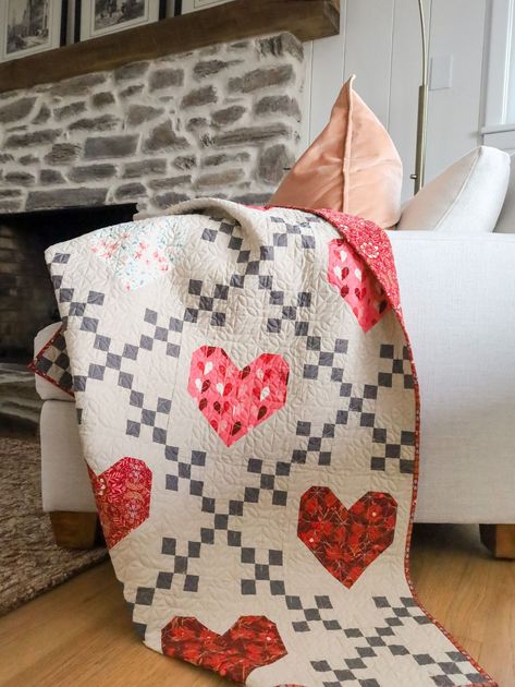 Heirloom Hearts is the perfect, beginner-friendly quilt pattern for Valentine’s Day, an anniversary or any occasion! It is pre-cut friendly, meaning you can use precut 10” squares (layer cake), fat eighths, fat quarters, 1/4 yards and yardage. Use a quick, strip piecing method to create the Irish Chain blocks; and all heart blocks are traditionally pieced. Choose from three sizes: Crib, Throw and Bed. Softer Side by Sharon Holland for Art Gallery Fabrics. Throw Size Quilt, Hearts Quilt, Hot Pink Background, Heart Quilt Pattern, Quilt Care, Cute Quilts, Velvet Collection, Black Mountain, Heart Quilt