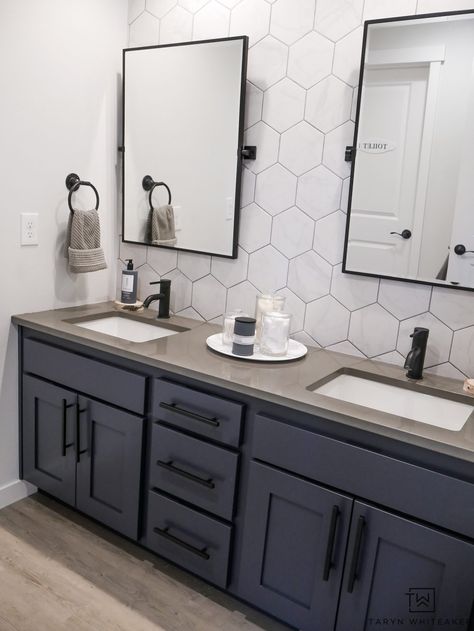 Check out with Kids' Jack-n-Jill Bathroom with a Rustic Modern Look to it with large hexagon tile backsplash, industrial touches and charcoal blue cabinets! Large Hexagon Tile, Hexagon Tile Backsplash, Bathroom Vanity Makeover, Bathroom Vanity Designs, Charcoal Blue, Hexagon Tile, Bad Inspiration, Jack And Jill Bathroom, Vanity Design