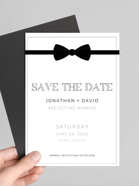 What's hotter than a groom in a tux? TWO grooms in tuxes *woof* Make sure everyone is ready for your svelte selves with this chic minimalist black tie save the date - head over to etsy to get your own template today! Black Tie Affair Invitation, Save The Date Ideas Black, Formal Save The Date Black Tie, Classic White Bow Tie For Black-tie Events, Black Bow Tie For Black-tie Events, Black Ribbon Bow Tie For Black-tie Events, Two Grooms, Save The Date Digital, Lgbt Wedding