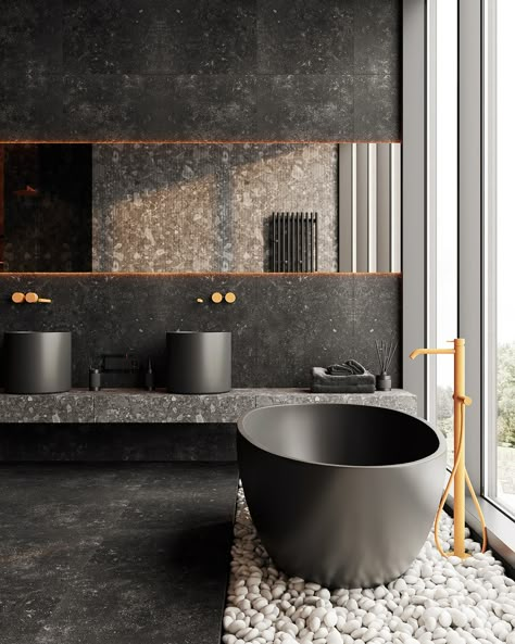 Project a2P2X on Behance Black Bath Tub, Black Bathroom Interior, Luxury Black Bathroom, Contemporary House Interior, Bathroom Luxury Design, Luxury Bathroom Master, Coastal Shower Doors, Matt Interior, Grey Bathrooms Designs