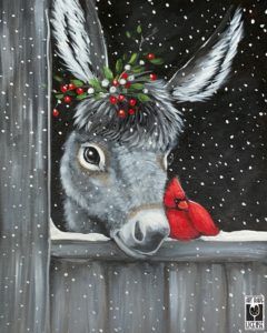 Canvas Painting For Beginners, Christmas Donkey, Christmas Canvas Art, Christmas Paintings On Canvas, Canvas For Beginners, Christmas Card Art, Painting For Beginners, Holiday Painting, Painted Christmas Ornaments