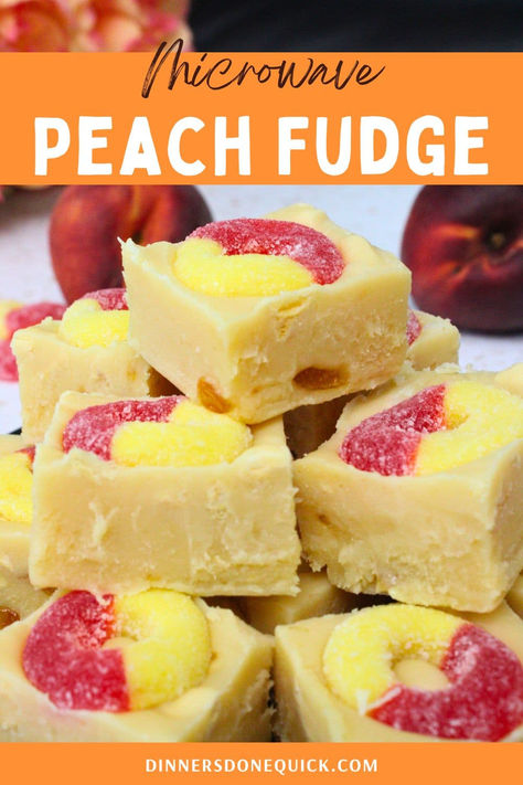 Indulge in the sweet and creamy delight of Microwave Peach Fudge! This quick and easy recipe is perfect for satisfying your sweet tooth with minimal effort. Made with peach preserves and topped with peach ring candies, this fudge is a fruity twist on a classic treat. Ideal for parties, gifts, or just a special snack, this peach fudge is sure to be a hit. 🍑🍬 Get the full recipe now and whip up this delicious dessert in no time! #PeachFudge #MicrowaveDessert #HomemadeFudge #PeachRecipes Peach Fudge Recipe, Peach Fudge, Fudge Bites, Sweets Business, Summer Baking Recipes, Peach Candy, English Toffee Recipe, Peach Ring, Microwave Recipe