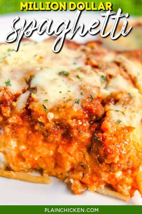 Million Dollar Spaghetti - Plain Chicken Million Dollar Spaghetti Recipe, Cream Cheese Spaghetti, Postpartum Meals, Baked Spaghetti Casserole, Million Dollar Spaghetti, Dinner Rotation, Sausage Spaghetti, Spaghetti Casserole, Plain Chicken