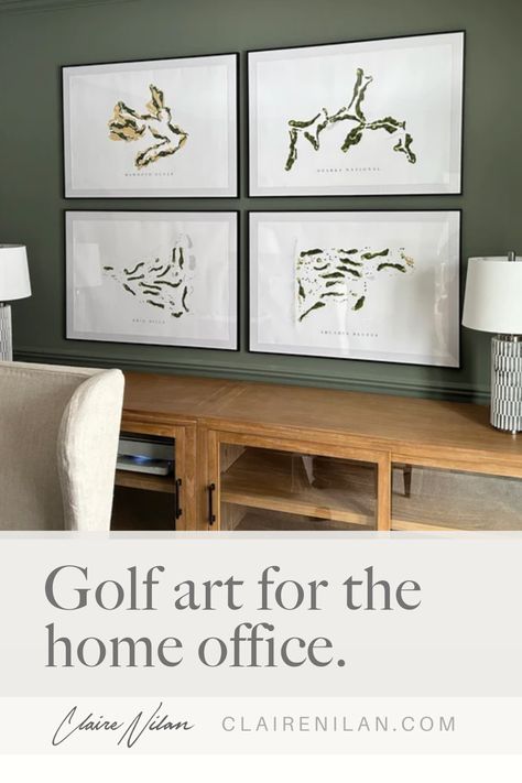 Golf course map art for the home office gallery wall. Masculine modern home decor style ideas. Golf Theme Office Man Cave, Men’s Office Decor Sports, Golf Theme Office Decor, Golf Themed Office Home Decor, Golf Course Art, Golf Theme Office, Golf Office Decor, Golf Room Decor, Golf Decorating Ideas