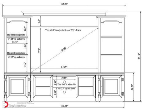 Standard Sizes And Dimensions Of Home Furniture  - Engineering Discoveries Grey Entertainment Center, Fireplace Walls, Breakfront Cabinet, Tv Entertainment Center, Bookcase Plans, Arranging Furniture, White Entertainment Center, Brass Shelves, Built In Entertainment Center