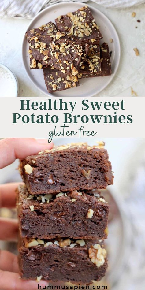 These sweet potato brownies with walnuts are a delicious naturally sweetened dessert (with dates)! This gluten free dessert is moist and fudgy, nutritious, and super chocolatey. Date Sweetened Gluten Free Desserts, Healthy Brownies Dates, Vegan Date Sweetened Desserts, Desserts Sweetened With Dates, Recipes With Dates Healthy, Dates Dessert Recipes, Baking With Dates, Date Sweetened Desserts, Brownies With Sweet Potato