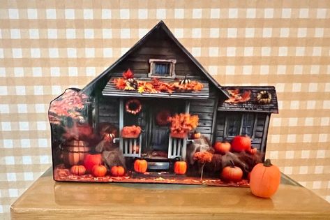 This listing is for one miniature wooden cutout house and polymer clay pumpkin. Made from wood, paint and photo paper with heavy gloss applied. Clay Pumpkin, Clay Halloween, Polymer Clay Halloween, Clay People, Mini Houses, Hickory Nc, Halloween Miniatures, Bird Baths, Wood Paint