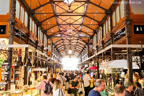 Enter Foodie Heaven at Mercado de San Miguel Madrid. There is tons of food so you can try a little bit of everything. Sample fresh fruit, peppers, tapas, sangria, pizza, coffee, frozen yogurt, meats and sausages, fish & caviar, and more. Some stalls offer a free glass of wine when you buy something. Metro Madrid, Madrid City, Madrid Travel, Spain Madrid, Spanish Activities, Spain And Portugal, Best Places To Eat, Madrid Spain, Spain Travel