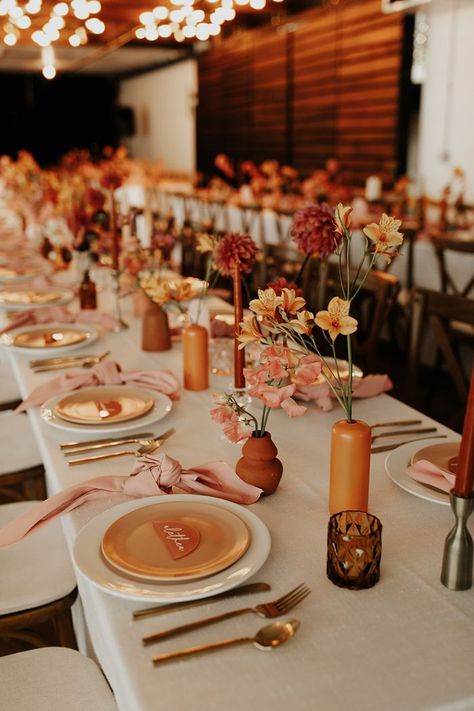 | Image by Tori Osteraa Muted Autumn Wedding, Dusty Rose And Terra Cotta Wedding, Civil Wedding Party, Modern Chic Wedding Decor, Mix Match Wedding, Modern Autumn Wedding, Desert Inspired Wedding, 21 Diner, Fall Wedding Tables