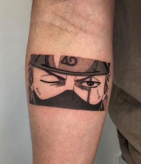 Naruto Box Tattoo, Anime Sleeve Tattoos For Women, Naruto Panel Tattoo, Kakashi Hatake Tattoo Ideas, Small Tattoos Anime, Kakashi Tattoo Ideas, Kakashi Tattoo Design, Anime Small Tattoo, Kakashi Hatake Tattoo