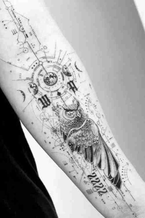 Looking for a unique bird tattoo? Well, we say – the owl tattoo should be on top of your list. Owl is a bird of prey that can be found on almost all continents and places around the world. They are nocturnal beings and as such often connected to the supernatural, mystical and higher intelligence. Let’s dive deeper into owl symbolism, owl meanings and owl tattoo ideas below! Fineline Owl Tattoo, Geometric Owl Tattoo, Chef Tattoo, Fineline Tattoos, Geometric Line Tattoo, Mystical Tattoos, Forearm Band Tattoos, Fineline Tattoo, One Piece Tattoos