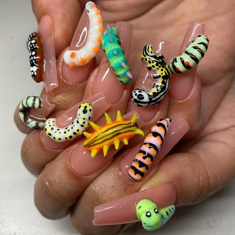 2024 is about bugs 🐛🩷 #nails for @helene.humbert I love #caterpillars since my childhood, it was so fun to do these !… | Instagram Classy Nail Art Ideas, Food Nails, Back Yoga, Retro Nails, Hippie Nails, Really Cute Nails, Crazy Nails, Long Square Acrylic Nails, Get Nails