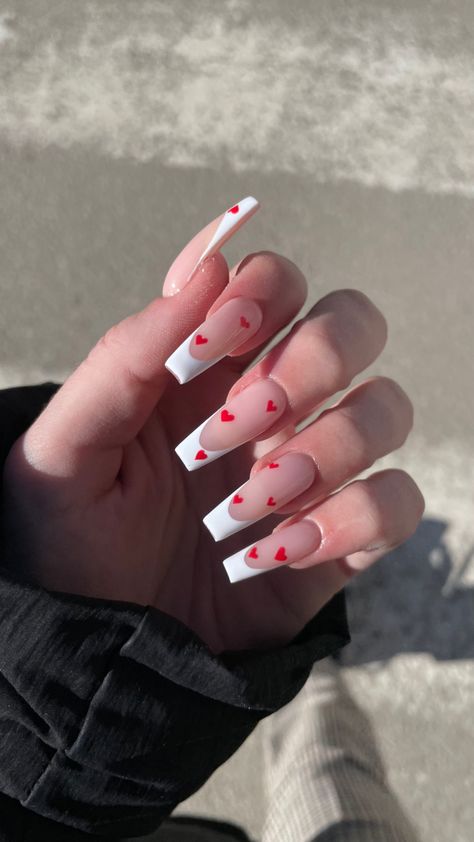 White Square Nails With Red Heart, Hard Nails, Basic Nails, Acrylic Nails Coffin Short, Heart Nails, Fire Nails, Pretty Acrylic Nails, Dope Nails, Valentine's Day Nails