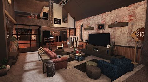 Bloxburg Retro Bedroom, Industrial House Bloxburg, Industrial Bloxburg, Industrial Bloxburg House, Bloxburg Industrial House, Bloxburg Loft House, Loft Bloxburg, Living Room Ideas Industrial, Bloxburg Apartment