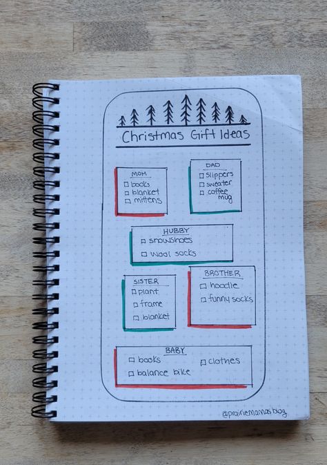 Bujo Christmas Gift List, Christmas List Design Ideas, Bullet Journal Christmas Gift List, Bullet Journal Gift List, Easy Diy Christmas Gift, Xmas List Ideas, Bullet Journal Christmas, Bullet Journal Lists, Bullet Journal Month