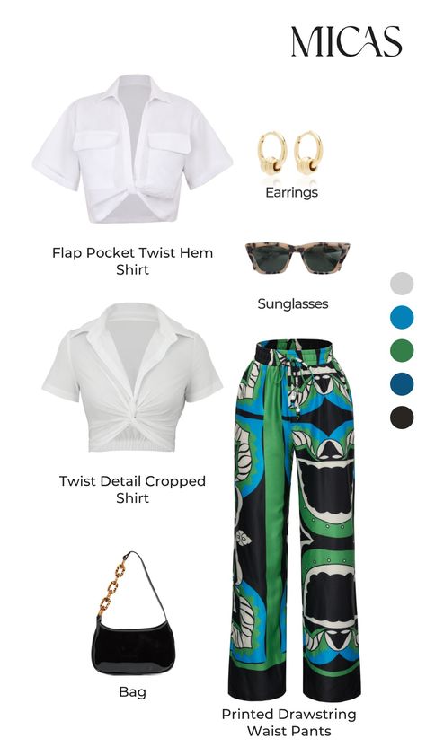 Cruise Pants Outfits, Micas Outfit Ideas Summer, Printed Pants Outfits Summer, Micas Outfit Ideas, Outfit Plage, Business Attire For Young Women, Outfit Ideas For Black Women, Midsize Outfit, Printed Pants Outfits