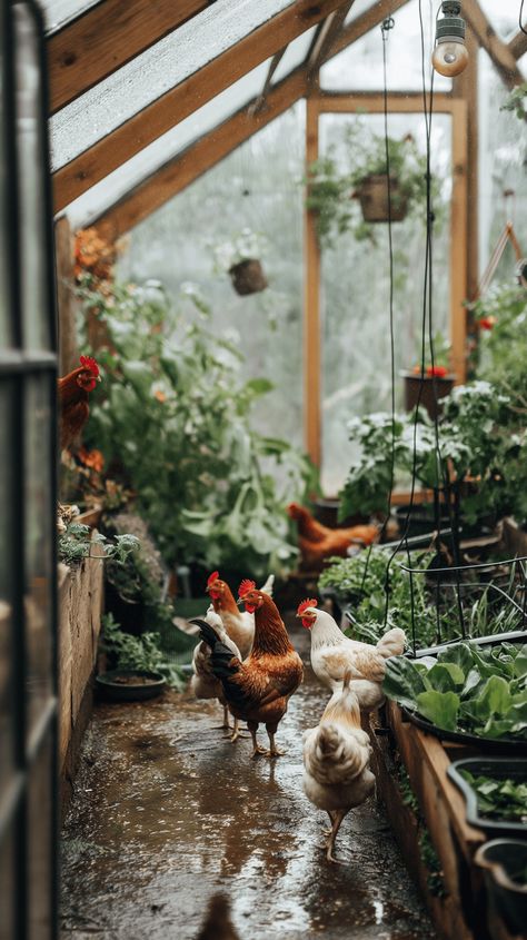 Discover the rustic tranquility of a greenhouse where chickens freely roam amidst lush greenery and dappled sunlight. This serene farm scene captures the peaceful coexistence of nature and rural life. #RusticGreenhouse #FarmLife #Chickens #CountrysideCharm #RuralBliss #NatureTranquility #FarmyardHarmony Farm Stay Aesthetic, Chickens In Backyard, Home Farm Aesthetic, Chickens In Greenhouse, Plants In Chicken Coop, Chickens On A Farm, Moody Chicken Coop, Gardening Vision Board, Little Farm Aesthetic