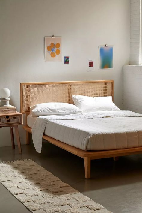 rattan boho bed frame via Urban Outfitters Mid Century Bed Frame, Mid Century Bed, Unique Headboards, Rattan Bed, Wicker Headboard, Wood Platform Bed Frame, Bed Platform, Solid Wood Platform Bed, Boho Bedding