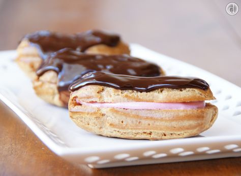 Dairy Free Eclairs Raspberry Fluff, Eclair Recipe, Gluten Dairy Free, Dark Chocolate Ganache, Vegan Caramel, 3 Ingredient Recipes, Contrasting Colours, Allergy Free Recipes, Dairy Free Dessert